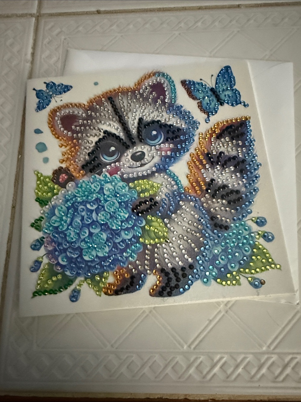 Rhinestone Embellished Raccoon Wall Art - Blue & Teal